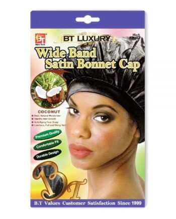 WIDE BAND SATIN BONNET CAP – Coconut Oil Treated   #21032 black  (noir)